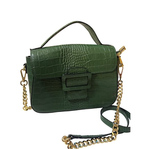 Vera Pelle Green Croc-Embossed Genuine Leather Handbag With Top Handle & Gold Ch - Picture 5 of 8